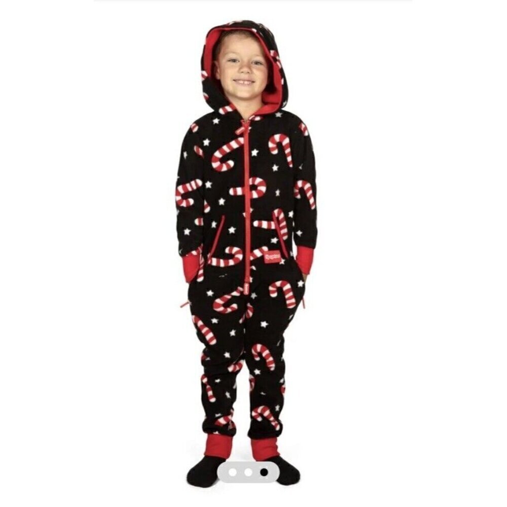 TIpsy Elves Candy Cane Lane Jumpsuit Boys or Girls Sz XS Black Red Full Zip